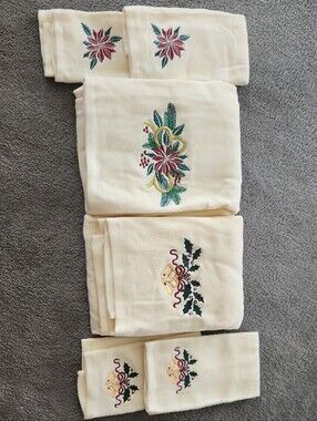 Embroidered Cream Holiday Towel Set with Poinsettia & Holly Motifs